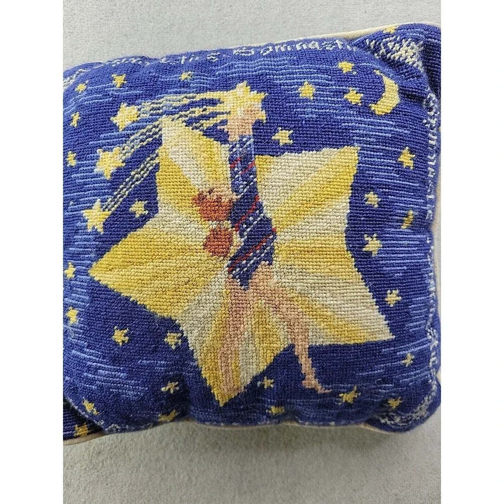 Gymnastics Needlepoint Pillow Shooting Stars Moon Velvet Back Blue Yellow 9
